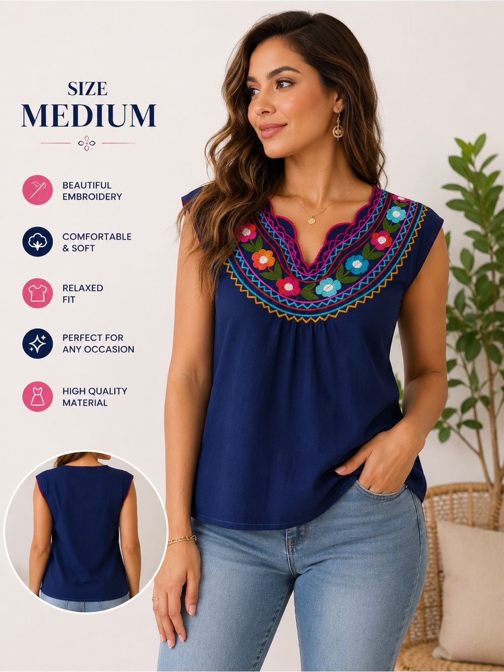 MEXICANA Navy Embroidered Floral Yoke Tank Top